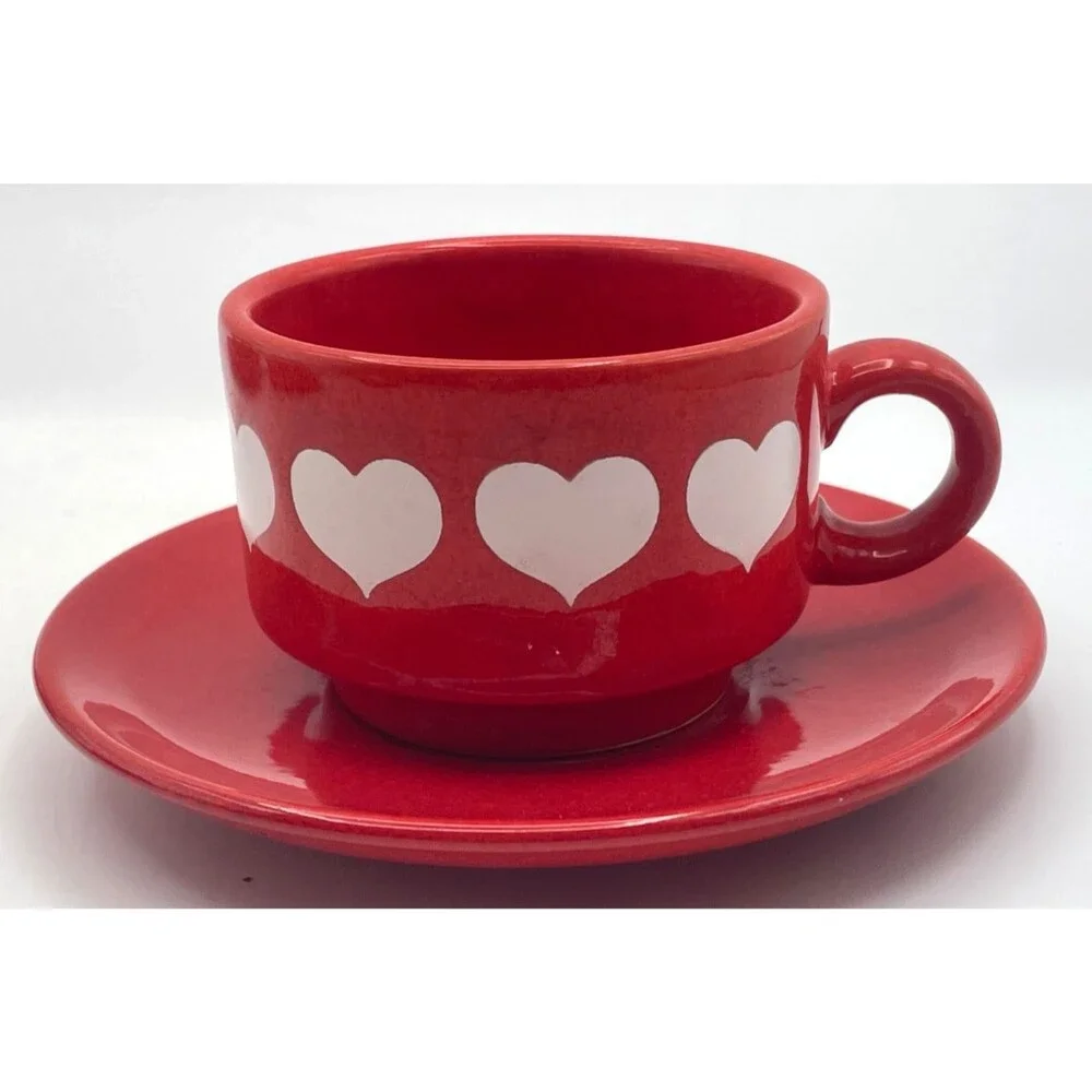 Vintage Red Heart Waechtersbach 4 Tea Cups & 3 Saucers Stackable Retired MINT